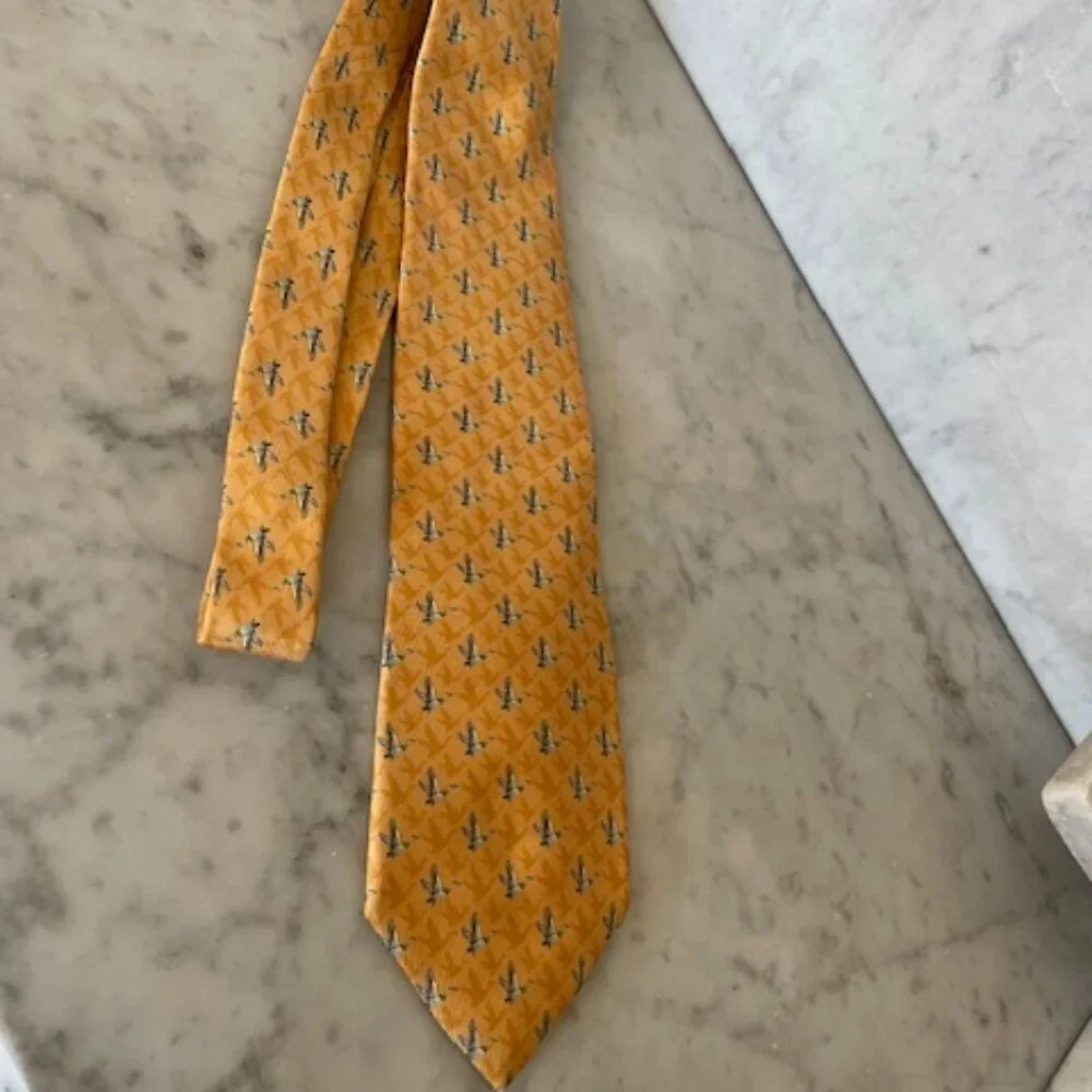 SALVATORE FERRAGAMO Silk Italian Yellow Gold Green Duck Vintage Tie